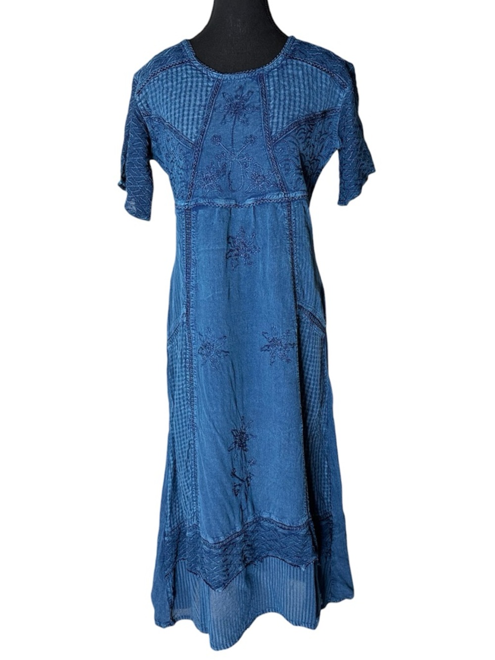 PAPAYA MOON Blue Embroidered Boho Bohemian Maxi Dress Short Sleeve New Age Large